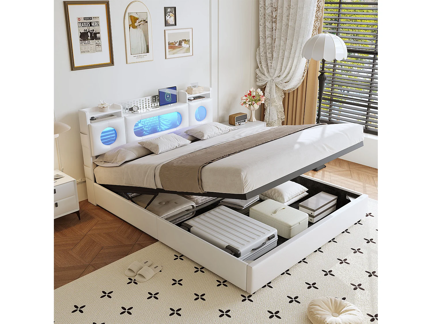 160x200 bed met LED-lattenbodem, opbergruimte in het hoofdeinde en USB-poort, acrylvenster, PU, wit