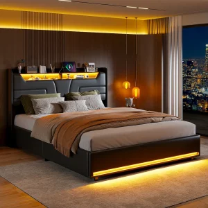 140×200 cm bed met hydraulische opbergruimte, LED- en USB-poorten, opbergbed met lattenbodem, PU-leer, zwart