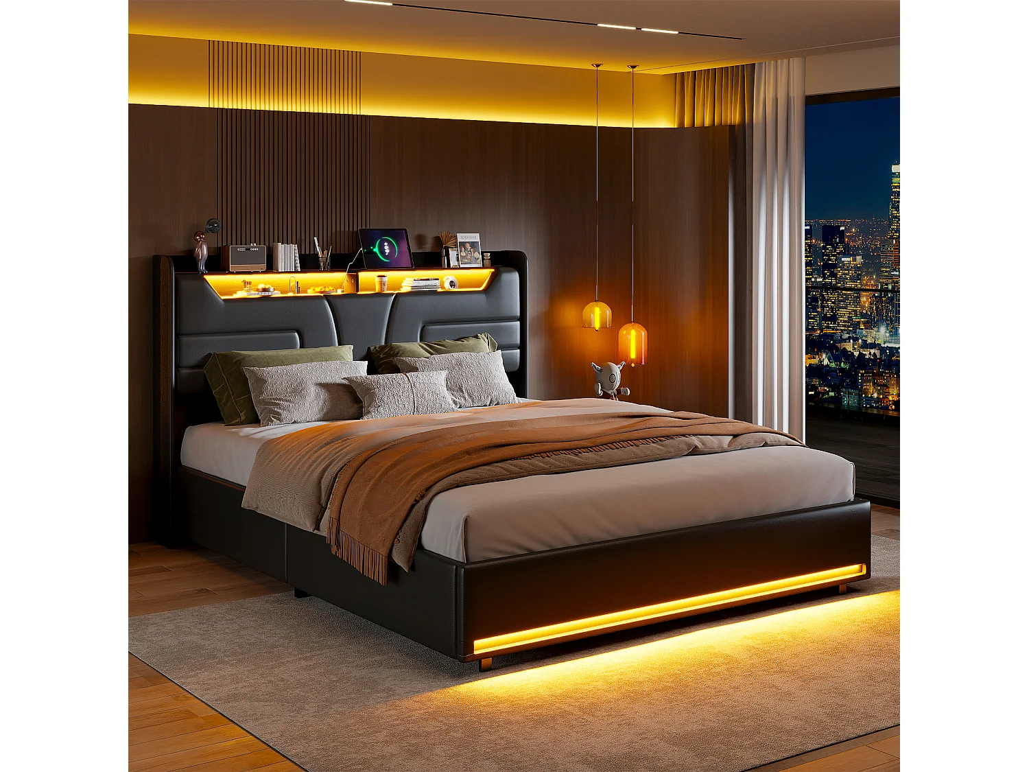 140×200 cm bed met hydraulische opbergruimte, LED- en USB-poorten, opbergbed met lattenbodem, PU-leer, zwart