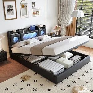 160×200 bed met LED-lattenbodem, opbergruimte in het hoofdeinde en USB-poort, acrylvenster, PU, zwart