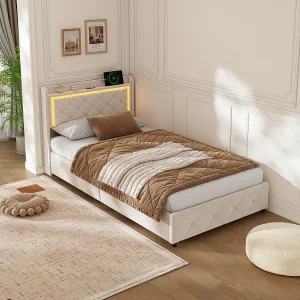 90 x 200 cm Opbergbed met LED-verlichting en USB-poort, lattenbodem, tweepersoonsbed, fluweel, beige 90 x 200 cm Opbergbed met LED-verlichting en USB-poort, lattenbodem, tweepersoonsbed, fluweel, beige