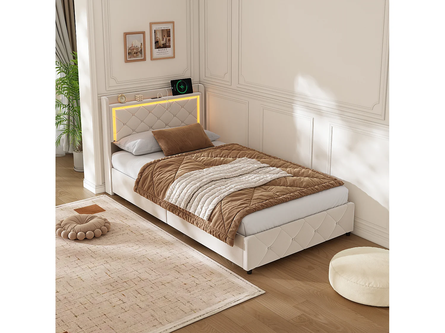 90 x 200 cm Opbergbed met LED-verlichting en USB-poort, lattenbodem, tweepersoonsbed, fluweel, beige