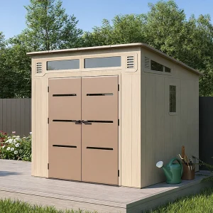 Tuinhuisje van beige en bruin kunsthars met aflopend dak 6,5 m² met vloer – dikte 22 mm – ANTEVA Tuinhuisje van beige en bruin kunsthars met aflopend dak 6,5 m² met vloer – dikte 22 mm – ANTEVA