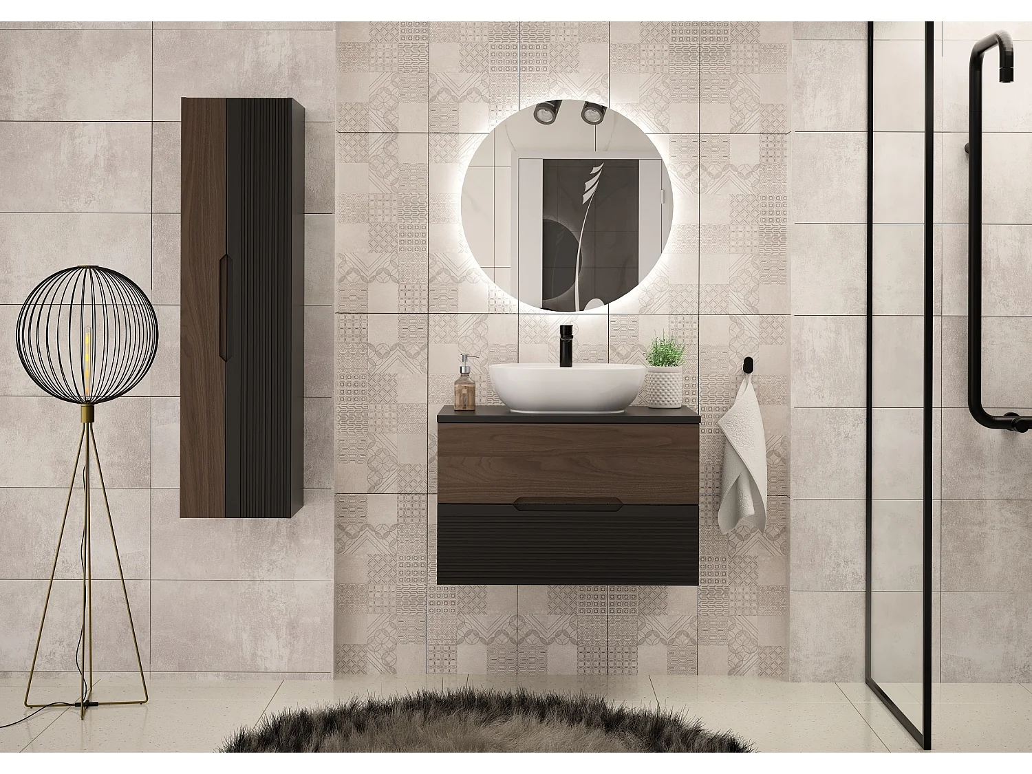 Badkamerset 80 cm Kast met blad Zwart mat / Notenhout Avella