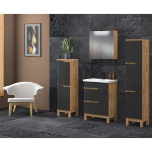 Badkamerset staand kastje met wastafel 60 cm eiken Wotan / zwart Alma Badkamerset staand kastje met wastafel 60 cm eiken Wotan / zwart Alma