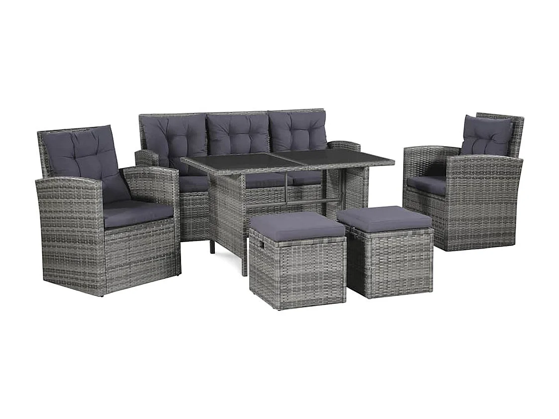 6-delige Loungeset met kussens poly rattan grijs