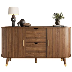 Afgerond dressoir met verticale nerf – 140 x 40 x 79,5 cm – met 2 schuifdeuren + 2 lades – MDF – bruin