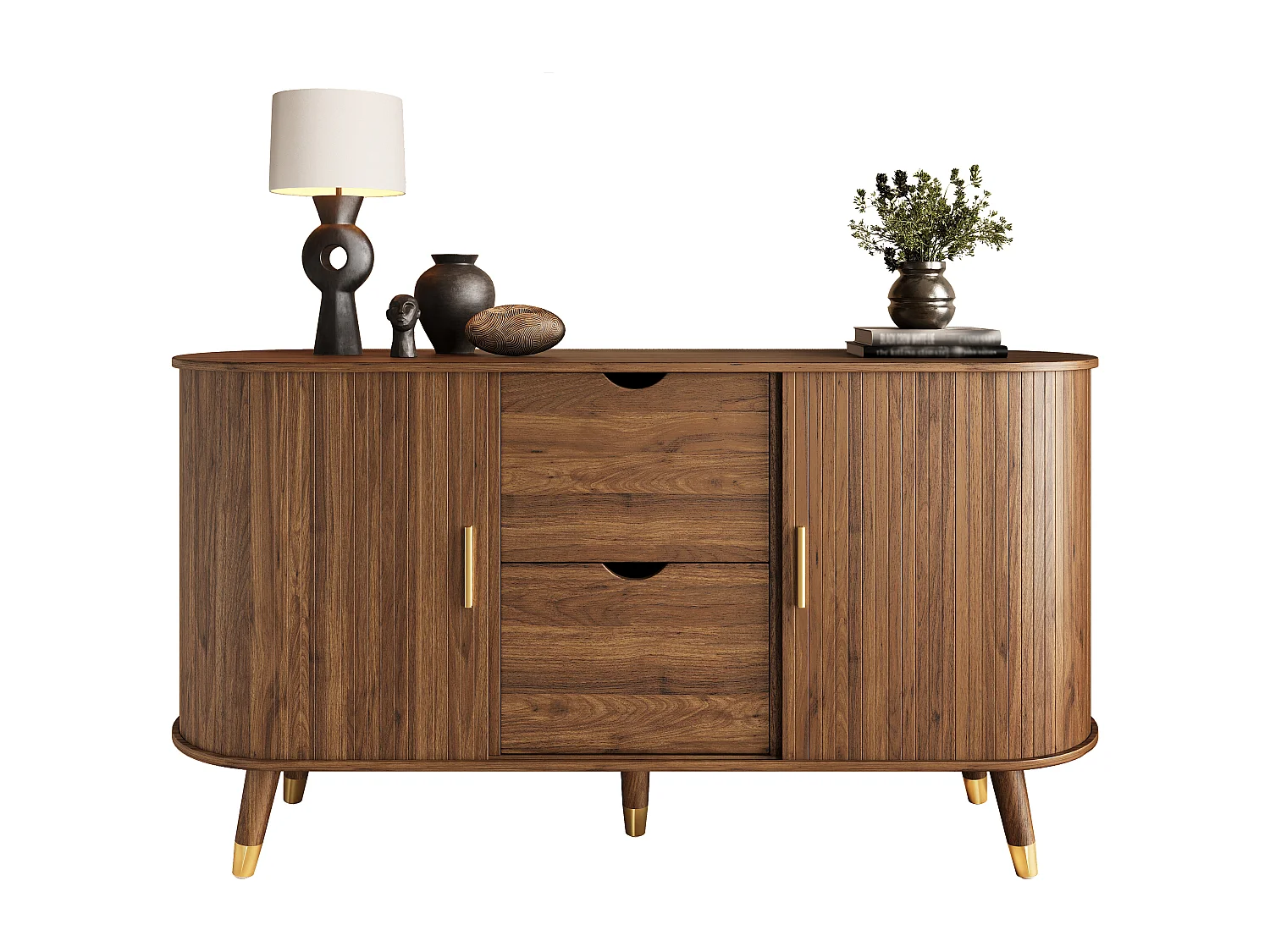 Afgerond dressoir met verticale nerf - 140 x 40 x 79,5 cm - met 2 schuifdeuren + 2 lades - MDF - bruin