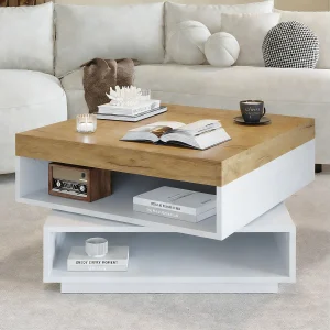 360° draaibare salontafel – 65 x 65 x 40 cm – met LED-verlichting + opbergruimte – MDF – Wit + naturel 360° draaibare salontafel – 65 x 65 x 40 cm – met LED-verlichting + opbergruimte – MDF – Wit + naturel