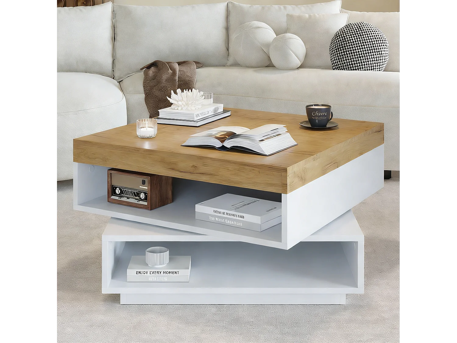 360° draaibare salontafel - 65 x 65 x 40 cm - met LED-verlichting + opbergruimte - MDF - Wit + naturel