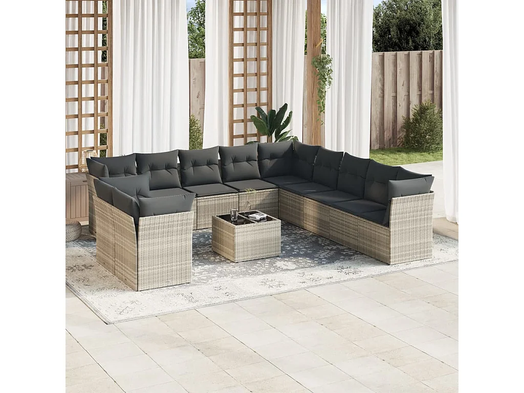 12-delige Loungeset met kussens poly rattan lichtgrijs