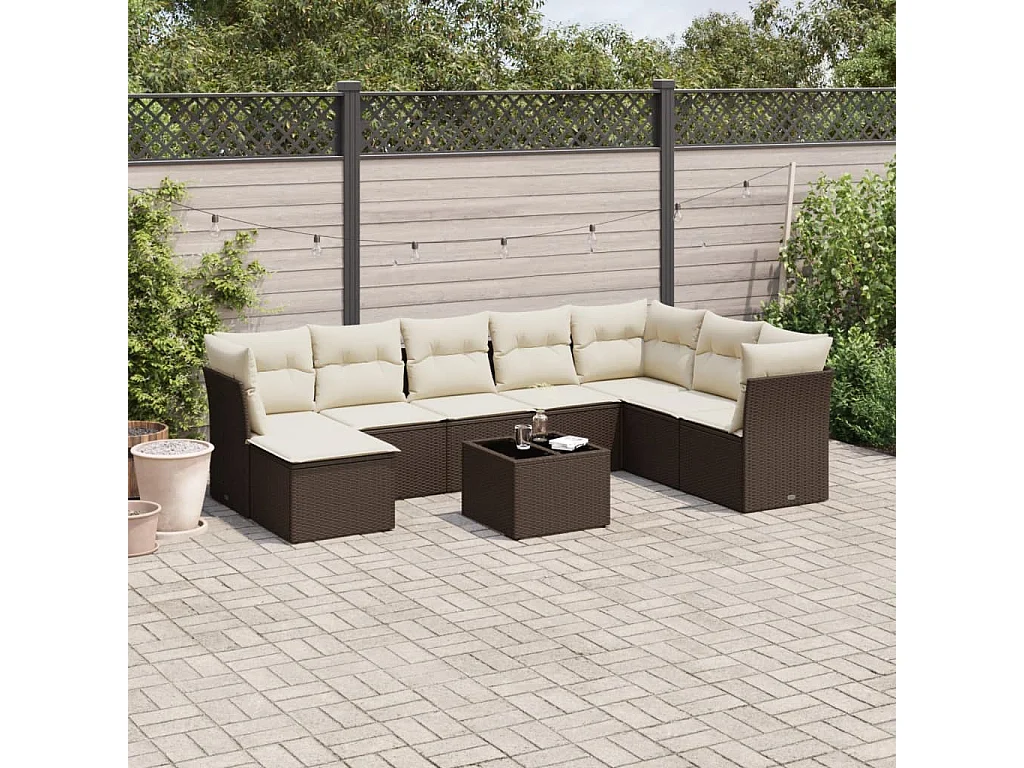 9-delige Loungeset met kussens poly rattan bruin