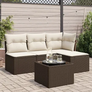 5-delige Loungeset met kussens poly rattan bruin 5-delige Loungeset met kussens poly rattan bruin
