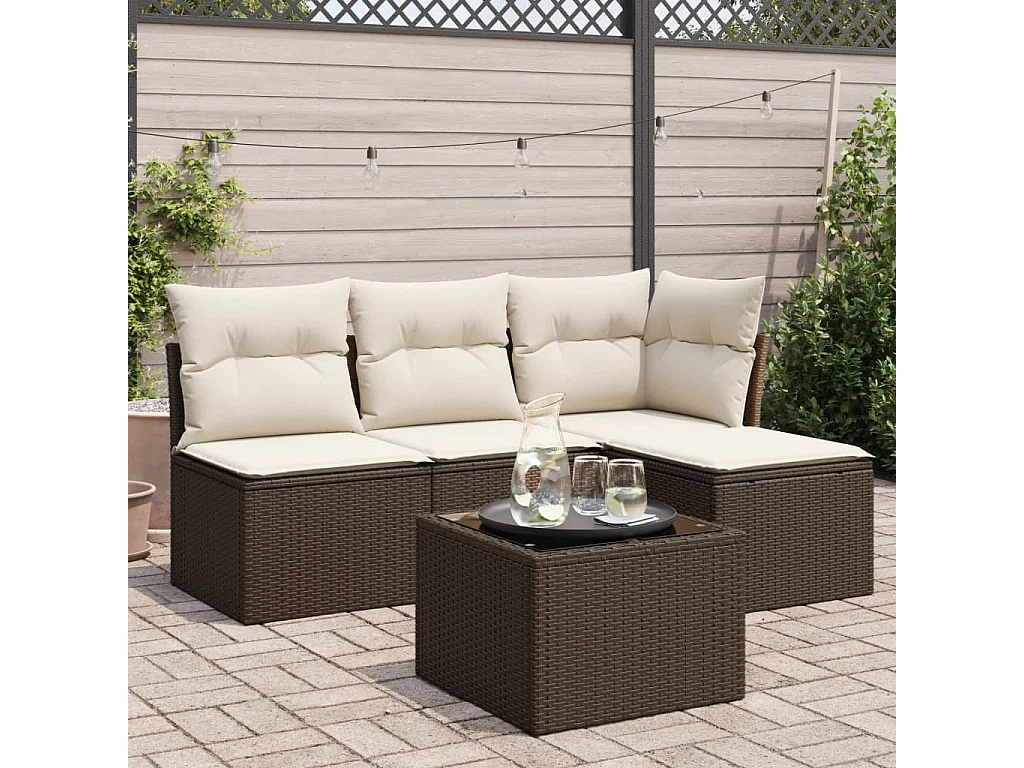 5-delige Loungeset met kussens poly rattan bruin