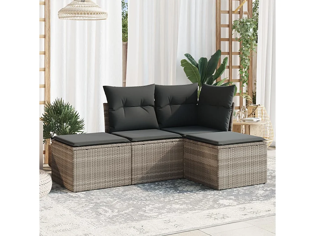 4-delige Loungeset met kussens poly rattan lichtgrijs