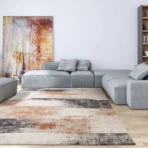 Abstract tapijt – 200x290cm – oranje, crème, zwart – Kuza Lines Abstract tapijt – 200x290cm – oranje, crème, zwart – Kuza Lines