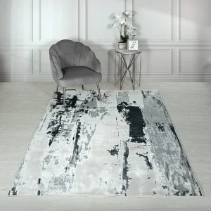 Abstract tapijt – 160x230cm – zilver, crème, wit, grijs – Aurora Glacier