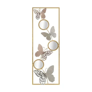 3D decoratief paneel met vlinders en spiegels in goudkleurig metaal, 31 x 2 x 90 cm 3D decoratief paneel met vlinders en spiegels in goudkleurig metaal, 31 x 2 x 90 cm