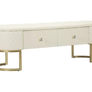 Bank van metaal en crèmekleurig imitatieleer met lades, 120x40x43 cm