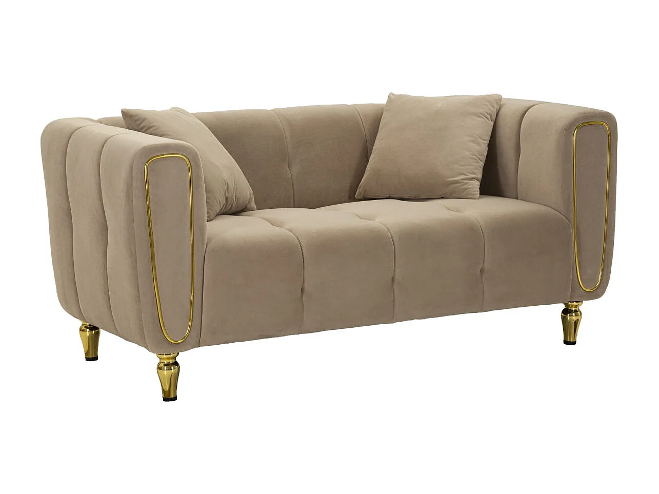 2-zitsbank in metaal en duifgrijs fluweel met kussens 155x81x72 cm