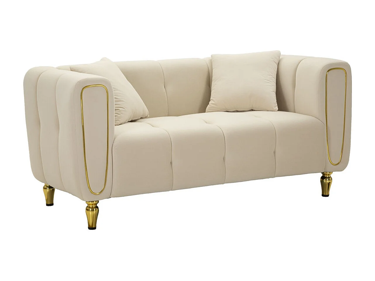 2-zitsbank in metaal en crèmekleurig fluweel met kussens 155x81x71 cm