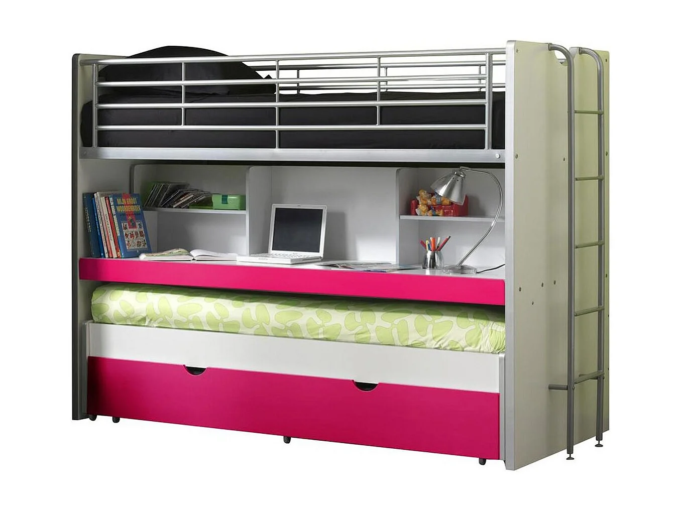 3-zits stapelbed 90×200 cm wit en fuchsia hout Bonny