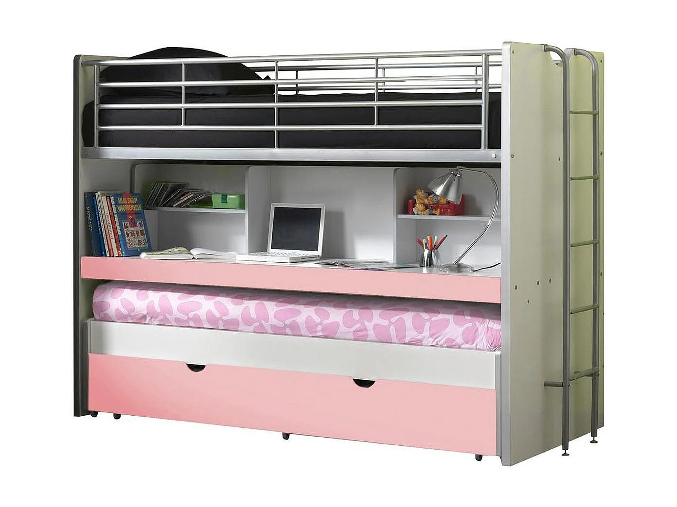 3-zits stapelbed 90x200 cm wit en roze hout Bonny