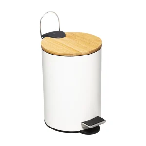 Badkamer Prullenbak van Wit Metaal 3L met Bamboe Deksel Badkamer Prullenbak van Wit Metaal 3L met Bamboe Deksel