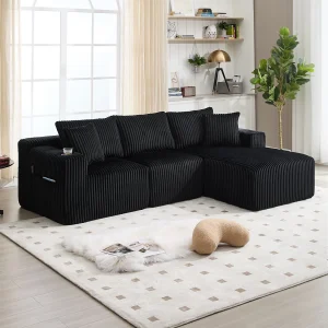 3-zits hoekbank met chaise longue en 5 kussens – Corduroy stof – Zwart 3-zits hoekbank met chaise longue en 5 kussens – Corduroy stof – Zwart
