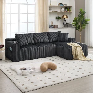 3-zits hoekbank met chaise longue en 5 kussens – Corduroy stof – Grijs 3-zits hoekbank met chaise longue en 5 kussens – Corduroy stof – Grijs