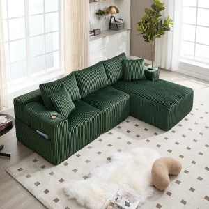 3-zits hoekbank met chaise longue en 5 kussens – Corduroy stof – Smaragdgroen 3-zits hoekbank met chaise longue en 5 kussens – Corduroy stof – Smaragdgroen