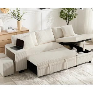 3-zits slaapbank met opbergruimte en krukjes, USB-poorten – Beige corduroy 3-zits slaapbank met opbergruimte en krukjes, USB-poorten – Beige corduroy