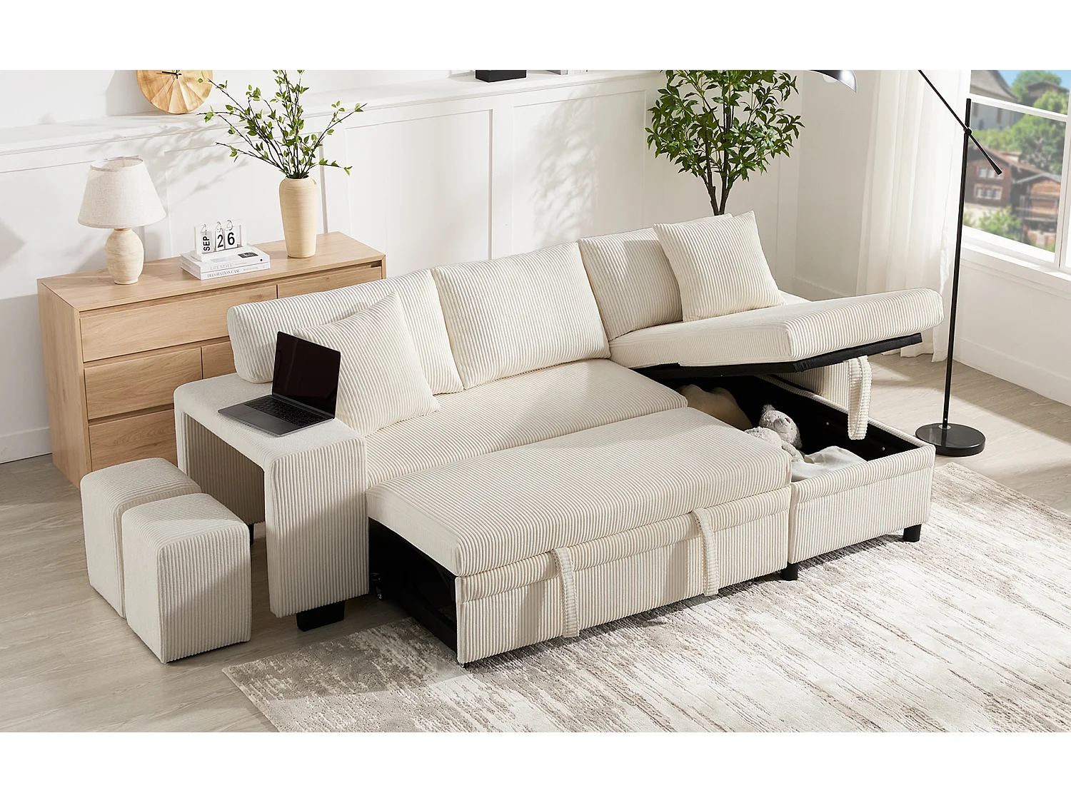 3-zits slaapbank met opbergruimte en krukjes, USB-poorten – Beige corduroy