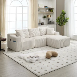 3-zits hoekbank met chaise longue en 5 kussens – Corduroy stof – Beige 3-zits hoekbank met chaise longue en 5 kussens – Corduroy stof – Beige