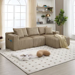 3-zits hoekbank met chaise longue en 5 kussens – Corduroy stof – Khaki kleur 3-zits hoekbank met chaise longue en 5 kussens – Corduroy stof – Khaki kleur