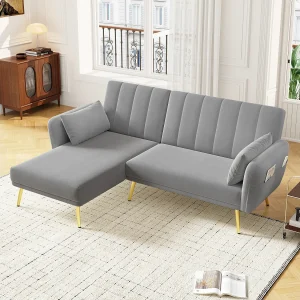 3-zits hoekbank met chaise longue en verstelbare rugleuning – Grijs fluweel 3-zits hoekbank met chaise longue en verstelbare rugleuning – Grijs fluweel