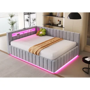 140x200cm Opbergbed voor volwassenen met LED-verlichting en USB-aansluiting – Lichtgrijze fluwelen slaapbank