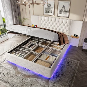 160×200 cm opbergbed voor volwassenen met breed hoofdeinde, ledverlichting en USB-poort – Tweepersoonsbed in beige fluweel 160×200 cm opbergbed voor volwassenen met breed hoofdeinde, ledverlichting en USB-poort – Tweepersoonsbed in beige fluweel