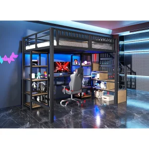 140 x 200 cm Metalen hoogslaper – Kinderbed met bureau, ledverlichting en USB-poorten, plank – Zwart 140 x 200 cm Metalen hoogslaper – Kinderbed met bureau, ledverlichting en USB-poorten, plank – Zwart