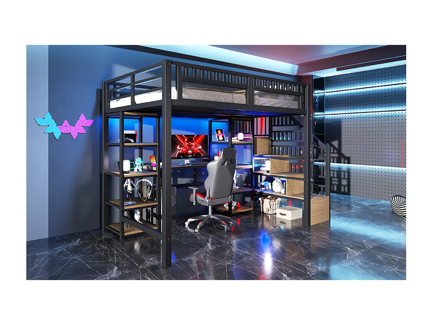 140 x 200 cm Metalen hoogslaper – Kinderbed met bureau, ledverlichting en USB-poorten, plank – Zwart