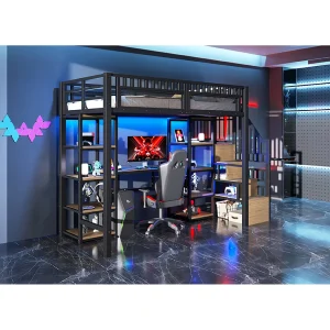90 x 200 cm metalen hoogslaper met bureau, ledverlichting en USB-poorten – zwart 90 x 200 cm metalen hoogslaper met bureau, ledverlichting en USB-poorten – zwart