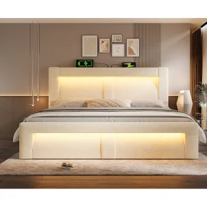 160×200 cm tweepersoonsbed met opbergruimte, LED-verlichting en USB-aansluiting – Volwassenenbed in beige fluweel 160×200 cm tweepersoonsbed met opbergruimte, LED-verlichting en USB-aansluiting – Volwassenenbed in beige fluweel
