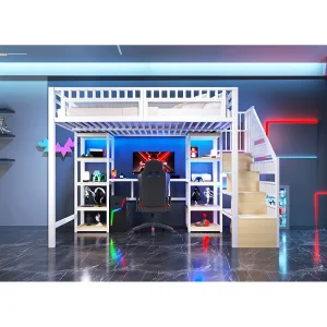 140 x 200 cm Metalen hoogslaper – Kinderbed met bureau, ledverlichting en USB-poorten, plank – Wit 140 x 200 cm Metalen hoogslaper – Kinderbed met bureau, ledverlichting en USB-poorten, plank – Wit