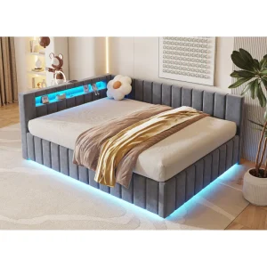 140x200cm Opbergbed voor volwassenen met LED-verlichting en USB-aansluiting – Grijze fluwelen slaapbank