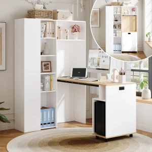 2-in-1 opklapbaar bureau en boekenkast – 104,5 x 30,5 x 160 cm – met planken + USB-poort – MDF – wit