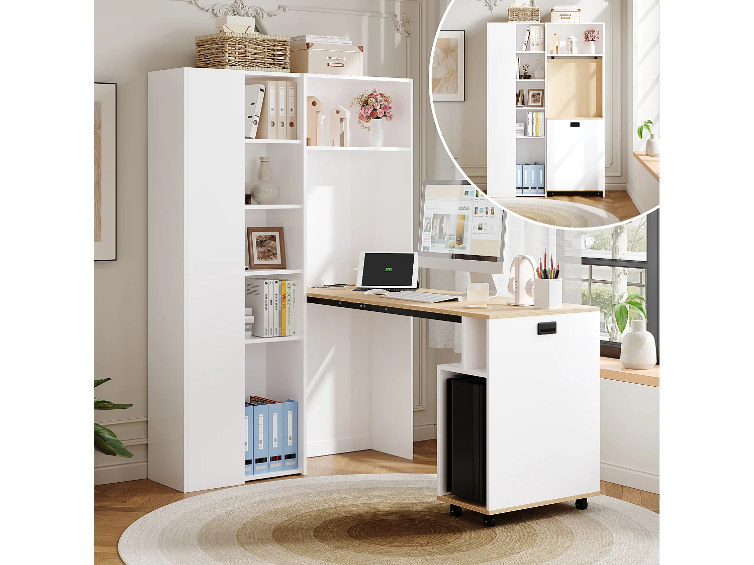 2-in-1 opklapbaar bureau en boekenkast - 104,5 x 30,5 x 160 cm - met planken + USB-poort - MDF - wit