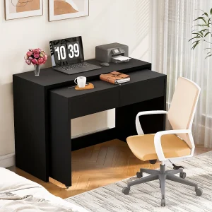 2-in-1 opklapbaar bureau – 110 x 40 x 78 cm – Compact bureau + tafel met 2 lades – Spaanplaat – Zwart