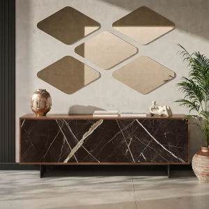 Aurea 3-deurs dressoir – Canaletto walnoot constructie, houtskoolgrijs, calcatta zwarte glazen deur met bedrukt glas Aurea 3-deurs dressoir – Canaletto walnoot constructie, houtskoolgrijs, calcatta zwarte glazen deur met bedrukt glas