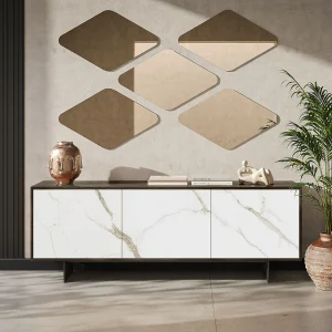 Aurea dressoir met 3 deuren – donker eikenhout constructie, antracietgrijs, glazen deur met calcatta bedrukt Aurea dressoir met 3 deuren – donker eikenhout constructie, antracietgrijs, glazen deur met calcatta bedrukt