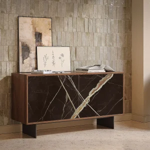 Aurea dressoir met 2 deuren – Canaletto walnoot structuur, antracietgrijs, calcatta zwarte bedrukte glazen deur Aurea dressoir met 2 deuren – Canaletto walnoot structuur, antracietgrijs, calcatta zwarte bedrukte glazen deur